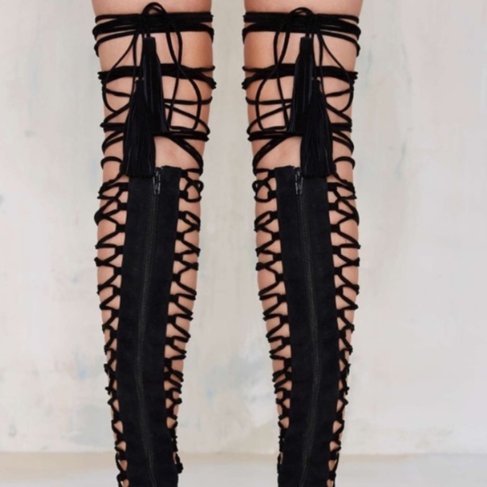 Jeffrey Campbell Black Lace-Up Gladiator Knee-High Heels - Picture 4 of 7